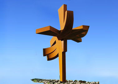 Cross Shape Corten Steel Garden Sculpture For Landscape Rusty Oxide Finishing
