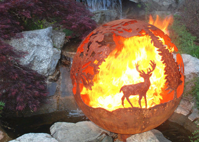 Corrosion Stability Corten Steel Sphere Fire Pit Deer For Garden