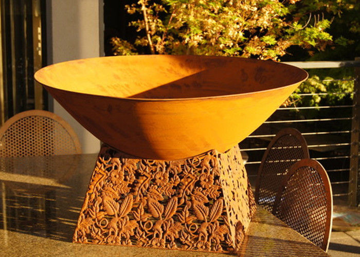 Contemporary Design Corten Steel Fire Pit Bowl With Leaf Stand Rusty Finish