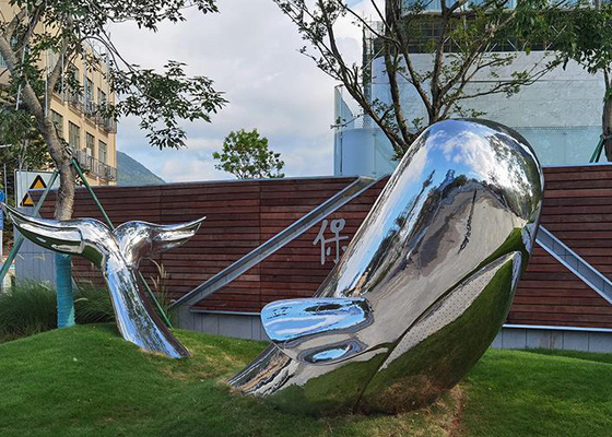 Mirror Polished Modern Art Stainless Steel Whale Sculpture Garden Landscape