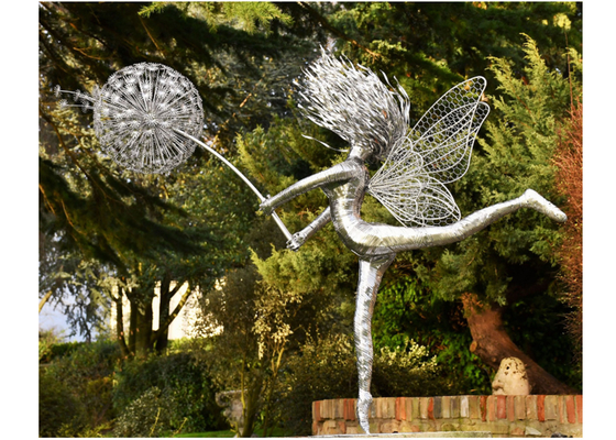 Large Fairy And Dandelion Stainless Steel Sculpture For Garden Decoration