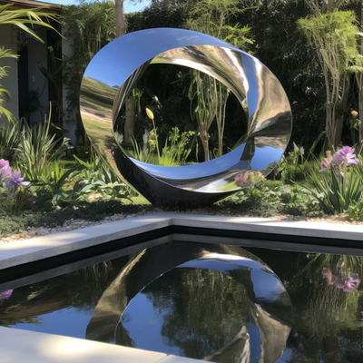 Modern Stainless Steel Mirror Outdoor Ring Waterscape Sculpture For Hotels And Villas