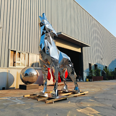 Giant 3-meter Stainless Steel Animal Mirror Geometric Wolf Sculpture