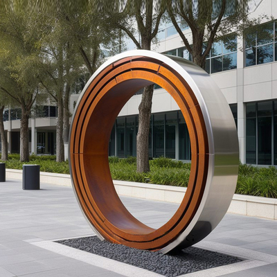 Decoration Natural Corrosion Weathering Steel And Stainless Steel Circle Sculpture