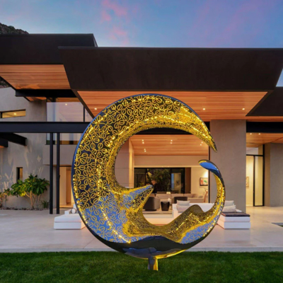 Large Garden Sculpture Manufacturer Stainless Steel Illuminated Crescent Sculpture