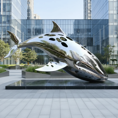 Modern Marine Sculpture Stainless Steel Whale Art for Garden Water Feature Outdoor Decor