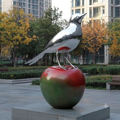 Outdoor Mirror Polished Stainless Steel Bird on Apple Sculpture