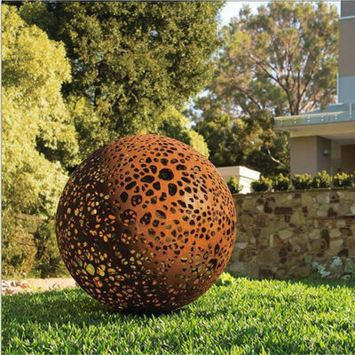 Large Garden Decorative Corten Steel Rusty Hollow Metal Sphere Sculpture with Perforated Design for Outdoor Landscape Art