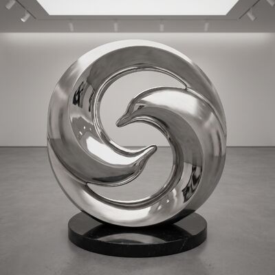 Contemporary Spiral Dolphin Sculpture — Mirror Polished Stainless Steel Water Feature Art for Garden, Poolside & Coastal Plaza