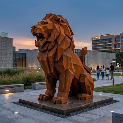 Large Modern Geometric Corten Steel Lion Sculpture Outdoor Garden Landmark Art