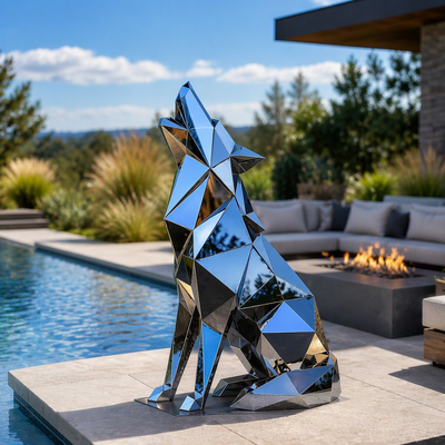 Custom Modern Geometric Stainless Steel Howling Wolf Sculpture Mirror Polished Outdoor Garden Art Patio Yard Decor Statue