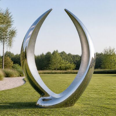 Custom Mirror Polished Stainless Steel Garden Sculpture Abstract Open Form in Two Curved Blades